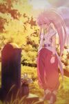  1girl absurdres arche_klein belt belt_buckle boots bracelet brown_boots buckle closed_mouth commentary_request crescent earrings elbow_gloves flower forest full_body gloves highres jewelry long_hair looking_at_object nature outdoors pants pink_eyes pink_hair pink_pants ponytail purple_belt sad scarf shirt solo sphere_earrings standing sunset tales_of_(series) tales_of_phantasia tombstone touti_hiroki white_gloves white_shirt wide_ponytail 