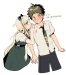  1boy 1girl ahoge blonde_hair blush breast_pocket collared_shirt commentary_request danganronpa_(series) danganronpa_2:_goodbye_despair dress flipped_hair green_dress green_necktie highres hinata_hajime inabarikaa long_hair messy_hair necktie pocket shirt sonia_nevermind 