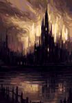  castle commentary fence hexh highres lake night no_humans original pixel_art reflection scenery sky yellow_sky 