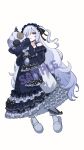  1girl arki_hrzoi bare_shoulders black_ribbon blue_dress blue_hairband bow collarbone commentary_request dress dress_bow frilled_dress frilled_hairband frilled_sleeves frilled_socks frills full_body gothic_lolita hair_over_one_eye hair_ribbon hairband highres holding holding_stuffed_toy jewelry layered_dress leg_ribbon lolita_fashion lolita_hairband long_hair long_sleeves looking_at_viewer mahou_shoujo_no_majo_saiban natsume_an-an necklace off-shoulder_dress off_shoulder one_eye_covered polka_dot polka_dot_bow purple_eyes ribbon sample_watermark simple_background sleeve_bow sleeves_past_fingers sleeves_past_wrists slippers socks solo stuffed_animal stuffed_sheep stuffed_toy watermark white_background white_hair white_slippers white_socks wide_sleeves 