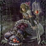  1girl armor belt black_border blonde_hair bob_cut border bow bracer breastplate commentary d3dsignal eye_piercing faux_traditional_media fence gem grass hair_bow headphones highres medium_hair original ornate_border pauldrons pleated_skirt red_eyes red_gem scissors shoulder_armor silver_ring sitting skirt solo_focus spiked_boots spiked_headphones striped_leggings untranslatable_commentary 