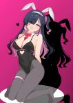  1girl absurdres animal_ears arms_behind_back belt black_leotard black_pantyhose blue_hair bow bowtie breasts bunny_day clothing_cutout collarbone colored_inner_hair commentary cosplay detached_collar facial_mark fake_animal_ears fishnet_pantyhose fishnets hair_ornament hair_over_one_eye hairband heart heart_cutout highres k_suke2nd kneeling leotard long_hair looking_at_viewer multicolored_hair necktie no_shoes open_mouth original pantyhose pink_background pink_belt pink_hair playboy_bunny rabbit_ears rabbit_hair_ornament rabbit_hole_(vocaloid) red_bow red_bowtie red_necktie shadow short_necktie solo teardrop_facial_mark thigh_belt thigh_strap two-tone_hair white_hairband x_hair_ornament 