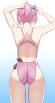  1girl ass blue_background commentary_request competition_swimsuit from_behind gradient_background highres holding_own_hair kantai_collection mayomaru1 one-piece_swimsuit pink_hair pink_one-piece_swimsuit ponytail racerback shiranui_(kancolle) short_hair solo standing swimsuit two-tone_swimsuit unworn_swim_cap white_background 