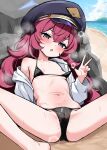  1girl beach bikini bikini_top_pull black_bikini black_hat blue_archive breasts cameltoe clothes_pull commentary eyebrows_hidden_by_hair hair_between_eyes halo hat highres iroha_(blue_archive) long_hair looking_at_viewer mamiyahara_hitoshige navel ocean open_mouth outdoors pulling_own_clothes purple_eyes red_eyes sitting small_breasts smell smile solo stomach sweat swimsuit 