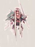  1boy alt_text aqua_eyes armor artist_name commentary cropped_torso english_commentary final_fantasy final_fantasy_vii highres long_hair looking_at_viewer male_focus michaelfirman no_mouth sephiroth shoulder_armor simple_background single_wing solid_eyes solo sword weapon white_hair wings 