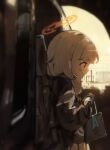  1girl absurdres airpods aoba_(blue_archive) bag black_jacket blonde_hair blue_archive blue_jacket commentary halo highres holding holding_bag instrument_case jacket ll_dal long_hair long_sleeves profile red_eyes schale_logo skirt smile solo violin_case wireless_earphones yellow_halo yellow_skirt 