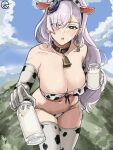  1girl alternate_costume animal_ear_hairband animal_ears animal_print artist_logo atziid69 bare_shoulders bell bikini blue_eyes blue_sky blush bottle braid braided_bangs breasts cloud cloudy_sky commentary cow_ear_hairband cow_ears cow_girl cow_print cow_print_bikini cow_print_gloves cow_print_hairband cow_print_thighhighs cowbell day earrings english_commentary fake_animal_ears feather_hair_ornament feathers gloves grey_hair hair_ornament hair_over_one_eye hairband highres holding holding_bottle hololive hololive_indonesia jewelry large_breasts logo long_hair looking_at_viewer milk milk_bottle neck_bell open_mouth pavolia_reine print_bikini print_gloves print_thighhighs sky solo swimsuit thighhighs virtual_youtuber 
