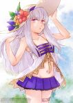  1girl adapted_costume alternate_costume arm_up bare_arms bare_shoulders bikini bikini_skirt breasts cleavage collarbone commentary_request ebi_puri_(ebi-ebi) fire_emblem fire_emblem:_three_houses flower grey_hair hand_on_own_hat hand_up hat hat_flower long_hair lysithea_von_ordelia navel pink_eyes purple_bikini small_breasts solo standing stomach sun_hat swimsuit thighs very_long_hair watermark 