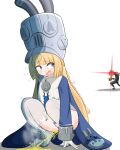  1girl 1other blue_coat blunt_bangs boots character_request coat cocked_eyebrow commentary_request constricted_pupils ethereal_(zenless_zone_zero) flying_sweatdrops gloves glowing glowing_eye grey_boots grey_hat hat highres invisible_floor long_hair long_sleeves looking_at_another looking_back monster motion_lines nervous_sweating norma_hollowell open_mouth peanut_mouth peeing purple_eyes raised_eyebrow scared shako_cap simesaba_(xwdt4337) simple_background squatting sweat thighhighs very_long_hair white_background white_gloves white_thighhighs zenless_zone_zero zipper zipper_pull_tab 