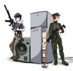  1girl ak-12 ak-74m alpha_(alpha_1918) ammunition ammunition_belt ammunition_pouch asouprus assault_rifle bad_source belt black_shirt blonde_hair blue_eyes boots camouflage camouflage_pants collarbone combat_boots combat_helmet detached_magazine_(weapon) ear_protection flag fluffy fluffy_hair gp-30 grenade_launcher gun hair_ornament hammer hat headphones helmet hexagram highres holding holding_gun holding_weapon kalashnikov_rifle knee_pads light_smile lips long_hair looking_to_the_side magazine_(weapon) midriff midriff_peek military military_fatigues military_hat military_uniform nutella optical_sight original pants pocket ponytail pouch red_dot_sight red_eyes red_lips refrigerator rifle russia russian_empire russian_flag russian_ground_forces russo-ukrainian_war shaka_sign shirt short_sleeves sight_magnifier sitting sledgehammer smile soldier standing star_of_david suppressor svinorezka t-shirt theft thief underbarrel_grenade_launcher very_long_hair wagner_group war war_crime washing_machine waving_flag weapon white_hair woodland_camouflage z_(russian_symbol) 