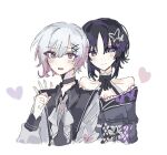  2girls bare_shoulders black_choker black_coat black_hair black_kimono bow butterfly_hair_ornament choker closed_mouth coat collarbone collared_coat commentary_request dress fang flower-trimmed_sleeves gradient_hair hair_ornament heart highres housho_margo japanese_clothes kimono lolita_fashion long_sleeves mahou_shoujo_no_majo_saiban multicolored_hair multiple_girls neck_ribbon off-shoulder_dress off_shoulder pink_eyes pink_hair purple_eyes r0_s12 ribbon sakuraba_ema shirt short_hair simple_background sleeveless sleeveless_coat upper_body wa_lolita white_background white_hair white_ribbon white_shirt white_sleeves x_hair_ornament yuri 