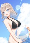  2girls absurdres alternate_costume ball beachball bikini black_bikini blue_eyes blue_sky breasts ceras_yanagida_lilienfeld cleavage cloud commentary corocoro567 cumulonimbus_cloud day grey_hair halterneck highres hinoshita_kaho holding holding_ball holding_beachball large_breasts love_live! love_live!_hasu_no_sora_jogakuin_school_idol_club medium_hair multiple_girls orange_bikini orange_hair outdoors sky solo_focus strap_gap swimsuit two_side_up untranslatable_commentary virtual_youtuber 