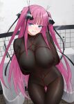  1girl absurdres arms_behind_back ass_visible_through_thighs between_breasts black_bodysuit black_ribbon blue_eyes blush bodysuit bound bound_arms breasts brown_bodysuit butterfly_hair_ornament clenched_teeth collarbone commentary_request covered_navel disgust eyelashes go-toubun_no_hanayome hair_ornament hair_ribbon highres indoors kosmos_beta large_breasts long_hair looking_at_viewer nakano_nino nipples pink_hair pink_lips red_rope ribbon rope see-through_clothes shibari skin_tight solo strap_between_breasts teeth two_side_up urinal very_long_hair 