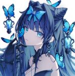  1girl animal_ears arcaea bare_shoulders black_dress black_gloves black_hair blue_bow blue_butterfly blue_eyes bow bug butterfly cat_ears collar commentary_request detached_collar double_bun dress earrings fake_animal_ears frilled_collar frills gloves hair_bow hair_bun hair_intakes highres jewelry lamp long_hair long_sleeves looking_at_viewer playing_with_own_hair portrait simple_background solo strapless strapless_dress tairitsu_(arcaea) tairitsu_(tempest)_(arcaea) white_background xy_wang 