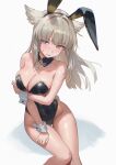  1girl absurdres animal_ear_hairband animal_ears arknights arknights:_endfield arm_under_breasts bare_shoulders bird_ears black_leotard blue_eyes blush breasts cleavage commentary covered_navel detached_collar embarrassed fake_animal_ears fake_tail grey_hair groin hair_intakes hairband highres large_breasts leotard long_hair looking_at_viewer parted_lips perlica_(arknights) playboy_bunny rabbit_ear_hairband rabbit_ears rabbit_tail request_inset revision shiny_skin simple_background small_sweatdrop solo strapless strapless_leotard sweat tail textless_version thigh_gap thighs uof v-shaped_eyebrows white_background white_wrist_cuffs wrist_cuffs 