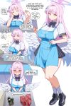  1girl angel's_24_uniform_(blue_archive) angel_wings apron black_bow black_bowtie black_shoes black_skirt blue_apron blue_archive blush bow bowtie breasts buying_condoms checkout_(shopping) commentary condom condom_box convenience_store embarrassed employee_uniform energy_drink english_commentary english_text fanning_face fanning_self feathered_wings hair_bun halo highres holding holding_notepad holding_pen large_breasts linear_71 long_hair low_wings mika_(blue_archive) miniskirt notepad okamoto_condoms pen pink_hair pink_halo pleated_skirt shirt shoes shop short_sleeves side_up_bun single_side_bun skirt socks sparkle speech_bubble strap_slip striped_bow striped_bowtie striped_clothes very_long_hair white_shirt white_socks wings yellow_eyes 