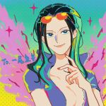  1girl black_hair blue_eyes breasts cleavage closed_mouth commentary hair_slicked_back highres long_hair nico_robin one_piece orange-tinted_eyewear red_nails short_sleeves smile solo sparkle tinted_eyewear untranslatable_commentary upper_body yoki_(ricardo_blue73) 