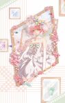  1girl absurdres aegyo_sal amulet_fortune bare_shoulders breasts bridal_veil bride bug butterfly chinese_commentary cleavage closed_mouth clover_hair_ornament club_(shape) collarbone commentary_request cowboy_shot diamond_(shape) dress elbow_gloves eyelashes flower four-leaf_clover_hair_ornament gloves hair_ornament happy heart highres hinamori_amu humpty_lock_(shugo_chara!) jewelry light_blush light_particles lipstick long_dress magical_girl makeup necklace photo_(object) picture_frame pink_flower pink_hair pink_lips pink_rose rose sanshan_shi_mi see-through_clothes see-through_veil short_hair shugo_chara! smile spade_(shape) standing strapless strapless_dress third-party_source veil wedding_dress white_background white_dress white_gloves white_veil yellow_eyes 