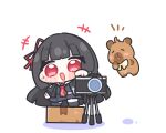  1girl black_hair box camera cardboard_box chibi chibi_only chisa_(wuthering_waves) commentary_request hair_ribbon highres jacket long_hair mole mole_under_eye necktie open_clothes open_jacket open_mouth red_eyes red_necktie red_ribbon ribbon simple_background skirt smile syurikenmaru white_background wuthering_waves 