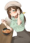  1girl absurdres adjusting_hair aqua_shirt beret blush bowl bracelet breasts brown_hair char_siu chopsticks commentary_request eating factory314 food green_eyes grey_pants hair_between_eyes hat hayakawa_tazuna highres holding holding_chopsticks horse_girl horse_tail jewelry long_hair medium_breasts noodles pants parted_lips ramen shirt solo tail umamusume 