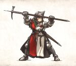  1girl armor bascinet belt brown_eyes brown_hair closed_mouth commentary english_commentary full_body helmet highres holding holding_polearm holding_weapon hounskull ironlily lady_lucerne_(ironlily) light_frown long_hair lucerne_hammer ordo_mediare_sisters_(ironlily) polearm polehammer sheath sheathed solo standing surcoat sword visor_(armor) weapon 