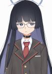 1girl anyarank black_gloves black_hair black_jacket blue_archive blue_halo commentary glasses gloves halo highres jacket long_hair long_sleeves shirt shouko_(blue_archive) simple_background solo very_long_hair white_background white_shirt 
