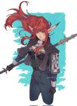  1girl armor black_gloves black_pants breastplate closed_mouth commentary corrupted_twitter_file floating_hair gloves highres holding holding_polearm holding_weapon hulkenberg_(metaphor:_refantazio) long_hair long_sleeves looking_at_viewer mel_(melmellie) metaphor:_refantazio pants pointy_ears polearm red_hair solo twitter_username untranslatable_commentary weapon 