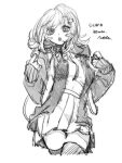  1girl :o absurdres backpack bag blush_stickers breasts collared_shirt commentary cropped_legs danganronpa_(series) danganronpa_2:_goodbye_despair flipped_hair hair_ornament hands_up highres jacket long_sleeves looking_at_viewer medium_hair nanami_chiaki neck_ribbon nelt open_clothes open_jacket pleated_skirt ribbon shirt shirt_tucked_in skirt solo teeth thighhighs translated two-tone_shirt upper_teeth_only 