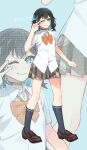  1girl absurdres aqua_eyes aqua_hair black_hair bow bowtie brown_shoes closed_mouth collared_shirt colored_inner_hair commentary full_body grey_socks hand_up highres kneehighs loafers looking_at_viewer loose_bowtie miniskirt miyamai_moca multicolored_hair one_eye_closed orange_bow orange_bowtie pleated_skirt shirt shoes short_sleeves skirt smile socks solo standing tere_douga v voicepeak white_shirt zoom_layer 