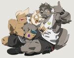  2boys :p armpit_hair bara beard beard_over_mouth ben_(bansak) black_shorts brown_fur couple dog_boy facial_hair forked_eyebrows full_beard full_body furry furry_male furry_with_furry goatee highres holding holding_phone huge_eyebrows hugging_another's_leg jitome large_pectorals lying_on_person male_focus mature_male multiple_boys muscular muscular_male original pectorals phone sanpaku selfie shirt short_hair shorts sidepec sitting sleeveless sleeveless_shirt sticker sticker_on_face sticker_on_hand sticker_on_shoulder thick_beard tongue tongue_out w_over_head white_hair yaoi 