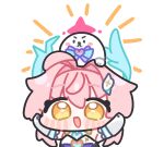  1girl aemeath_(wuthering_waves) ahoge animal_on_head arms_up blush blush_stickers chibi chibi_only commentary_request creature_on_head dress elbow_gloves excited gloves hair_between_eyes hair_intakes hair_ornament halo happy looking_at_viewer on_head open_mouth pink_hair short_hair simple_background smile solo sparkling_eyes syurikenmaru upper_body v-shaped_eyebrows white_background white_dress white_gloves wuthering_waves yellow_eyes 