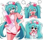  1girl aqua_eyes aqua_hair blush chibi chibi_inset commentary_request dress fang flustered hat hatsune_miku heart_tongue highres holding holding_syringe koiiro_byoutou_(vocaloid) long_hair looking_at_viewer mantenhyaku100 multiple_views nurse nurse_cap open_mouth oversized_object pill pink_dress short_sleeves skin_fang smile solo syringe thighhighs twintails very_long_hair vocaloid white_background 