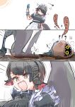  1girl apron az79709363 bad_id bad_twitter_id bangboo_(zenless_zone_zero) black_hair breasts collarbone ellen_joe fins fish_tail handheld_electric_fan highres holding large_tail maid maid_apron multicolored_hair open_mouth red_eyes red_hair shark_girl shark_tail sharkboo_(zenless_zone_zero) short_hair solo tail tail_raised tears zenless_zone_zero 