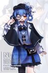  1girl 4_(nn_1_zo) asymmetrical_legwear bag bird_hat_ornament black_bag black_bow black_bowtie black_capelet black_hat black_pantyhose blue_hair blue_necktie blue_skirt bow bowtie braid braided_hair_rings capelet collared_shirt commentary_request deerstalker frilled_skirt frills grey_vest hair_bow hair_rings hat hat_bow highres layered_skirt long_sleeves looking_at_viewer looking_through_magnifying_glass magnifying_glass mahou_shoujo_no_majo_saiban necktie pantyhose plaid_clothes plaid_skirt shirt short_hair single_leg_pantyhose skirt solo tachibana_sherry vest watermark white_shirt yellow_eyes zoom_layer 