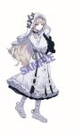  1girl arki_hrzoi bib_collar blonde_hair closed_mouth commentary_request cross cross-laced_clothes cross-laced_dress cross_earrings cross_ornament dress earrings frilled_dress frilled_sleeves frills full_body gloves grey_eyes highres hikami_meruru interlocked_fingers jewelry layered_dress long_hair long_sleeves looking_at_viewer mahou_shoujo_no_majo_saiban own_hands_clasped own_hands_together pantyhose priestess sample_watermark shoes simple_background solo veil watermark white_background white_dress white_gloves white_pantyhose white_shoes white_veil wide_sleeves 