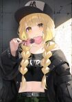  1girl a_sayu absurdres baseball_cap black_hat black_jacket black_shirt blonde_hair braid commentary crop_top fujita_kotone gakuen_idolmaster green_pants hat heart heart-shaped_eyewear highres holding holding_removed_eyewear idolmaster jacket logo_parody long_hair low_twin_braids midriff navel new_york_yankees off_shoulder pants pink-tinted_eyewear shirt solo sunglasses tinted_eyewear twin_braids unworn_eyewear upper_body yellow-framed_eyewear yellow_eyes 