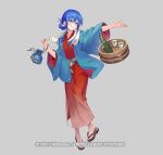  1girl bath_yukata blue_eyes blue_hair blue_robe blush breasts bucket caeda_(cleansed_princess)_(fire_emblem) caeda_(fire_emblem) commentary_request fire_emblem fire_emblem:_mystery_of_the_emblem fire_emblem_heroes full_body hair_bun holding ichikawa_haru japanese_clothes kimono long_hair long_sleeves official_alternate_costume official_alternate_hairstyle official_art open_mouth red_kimono robe sandals sidelocks simple_background smile solo towel towel_around_neck wide_sleeves wooden_bucket yukata 