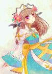  1girl arch_bishop_(ragnarok_online) back_bow blue_dress bow brown_hair commentary_request cowboy_shot cross dormir_(challco) dress flower hair_flower hair_ornament headdress juliet_sleeves long_hair long_sleeves looking_afar open_mouth pointy_ears puffy_sleeves purple_eyes ragnarok_online red_flower sash solo two-tone_dress white_dress yellow_background yellow_bow yellow_sash 