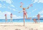  5girls :d aikatsu!_(series) aikatsu_stars! all_fours ass ball bare_arms bare_legs bare_shoulders barefoot beach beachball bikini bikini_top_only blonde_hair blue_bikini blue_eyes blue_one-piece_swimsuit blue_shorts blue_sky cat_ear-shaped_hair closed_eyes cloud commentary day denim denim_shorts drill_hair english_commentary floating_hair from_behind from_side gradient_hair green_bikini hair_ornament hair_scrunchie hands_on_own_hips holding holding_ball holding_beachball horizon kasumi_mahiru katoh_akatsuki legs_apart long_hair long_sidelocks looking_at_another midriff multicolored_hair multiple_girls nanakura_koharu navel nijino_yume one-piece_swimsuit orange_hair outdoors pink-framed_eyewear pink_bikini pink_hair print_bikini purple_bikini purple_hair purple_scrunchie running sakuraba_rola sand saotome_ako scrunchie semi-rimless_eyewear shore short_hair short_shorts shorts side_ponytail sidelocks sky smile soles solo_focus standing straight_hair swimsuit twintails two-tone_hair under-rim_eyewear v-shaped_eyebrows walking waves wide_shot 