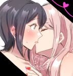  2girls black_hair blonde_hair blood blue_w_moon blush closed_eyes colored_blood commentary_request danganronpa:_trigger_happy_havoc danganronpa_(series) enoshima_junko freckles highres ikusaba_mukuro imminent_kiss incest long_hair looking_at_another multiple_girls pink_blood profile red_nails short_hair siblings sisters yuri 