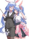  2girls :o :p ;o ;p alternate_breast_size_(larger) alternate_costume animal_ear_fluff animal_ears black_jacket black_necktie black_pantyhose black_skirt blue_hair bow breasts cardigan cardigan_around_waist cellphone clothes_around_waist collared_shirt commentary extra_ears glasses hair_bow hair_over_shoulder highres holding holding_phone hololive jacket large_breasts long_hair low_side_ponytail mother_and_child mother_and_daughter multicolored_hair multiple_girls necktie official_alternate_costume one_eye_closed open_mouth orange_eyes pantyhose parent_and_child pekomama pencil_skirt pendora1022 phone pink_cardigan plaid_clothes plaid_skirt rabbit-shaped_pupils rabbit_ears rabbit_girl rectangular_eyewear school_uniform semi-rimless_eyewear shirt shirt_tucked_in short_eyebrows side_ponytail simple_background skirt small_breasts smartphone streaked_hair suit_jacket symbol-shaped_pupils thick_eyebrows tongue tongue_out two-tone_hair under-rim_eyewear usada_pekora usada_pekora_(12th_costume) virtual_youtuber white_background white_shirt white_streaks 