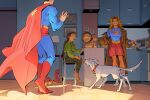  1boy 2girls absurdres animal_collar barefoot belt blonde_hair blue_bodysuit blue_eyes bodysuit boots braid brown_coat cabinet cape chair clark_kent coat collar commentary cooking counter dc_comics dog english_commentary eyewear_on_head food frying_pan full_body green_shirt grin highres holding holding_frying_pan holding_spatula ketchup_bottle kitchen krypto_the_superdog lamp long_sleeves microwave mixing_bowl multiple_girls open_clothes open_coat pancake pancake_stack pants picture_frame red_boots red_cape red_skirt ruthye_marye_knoll shelf shirt sitting skirt smile socks spatula standing sunglasses supergirl supergirl_(2026) supergirl_(movie_costume) superhero_costume superman superman_(series) superman_logo surprised underwear vickychendraws wall_shelf whisk white_socks 