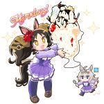  +_+ 2girls ahoge animal_ears black_hair blue_eyes bow bowtie breasts brown_shoes commentary ear_ornament english_commentary fang flying_sweatdrops food grey_hair hair_between_eyes hair_ornament hairband highres holding holding_spoon horse_ears horse_girl horse_tail ice_cream john_su long_hair long_sleeves marvelous_sunday_(umamusume) multicolored_hair multiple_girls oguri_cap_(umamusume) open_mouth oversized_food oversized_object pleated_skirt purple_sailor_collar purple_serafuku purple_shirt purple_skirt purple_thighhighs red_hairband running sailor_collar sailor_shirt school_uniform serafuku shirt shoes skin_fang skirt smile spoon sundae tail thighhighs tracen_school_uniform twintails umamusume white_bow white_bowtie winter_uniform yellow_eyes 