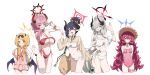  5girls absurdres arm_behind_back bag bare_arms bare_shoulders bikini black_bag black_hair blonde_hair blue_archive blue_eyes blue_halo blush bracelet braid breasts brown_shirt chiaki_(blue_archive) chiaki_(swimsuit)_(blue_archive) closed_mouth commentary_request cropped_shirt demon_girl demon_horns demon_tail demon_wings dress fishnet_top fishnets flat_chest fluffy_hair gold_bracelet grey_hair grin hair_between_eyes hair_bun hair_over_one_eye halo hat highres holding holding_bag horns huge_breasts ibuki_(blue_archive) ibuki_(swimsuit)_(blue_archive) iroha_(blue_archive) iroha_(swimsuit)_(blue_archive) jewelry kooring long_hair long_sleeves looking_at_viewer low_twin_braids makoto_(blue_archive) makoto_(swimsuit)_(blue_archive) medium_breasts multiple_girls navel official_alternate_costume official_alternate_hairstyle one-piece_swimsuit one_eye_closed open_mouth pink_dress pink_hair pink_one-piece_swimsuit pointy_ears ponytail red_bikini red_eyes red_hair red_halo satsuki_(blue_archive) satsuki_(swimsuit)_(blue_archive) shirt shoulder_bag smile stomach straw_hat swimsuit tail twin_braids white_bikini wings yellow_eyes yellow_halo 