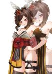  1girl absurdres adjusting_clothes adjusting_leotard bare_shoulders black_leotard bow bowtie breasts brown_bow brown_bowtie brown_hair chiori_(genshin_impact) cleavage closed_mouth collarbone commentary cowboy_shot different_zoom_layer genshin_impact gnsn_tukituki hair_ornament highres leotard leotard_under_clothes medium_breasts open_mouth puff_of_air red_eyes red_sash sash sideboob simple_background strapless strapless_leotard untranslatable_commentary white_background zoom_layer 