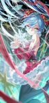  1girl bare_shoulders black_boots blue_eyes blue_hair boots christmas closed_mouth commentary detached_sleeves double-parted_bangs dress floating_hair foot_out_of_frame fur-trimmed_dress fur-trimmed_sleeves fur_trim hair_between_eyes hair_floating_upwards hatsune_miku high_heel_boots high_heels highres holding_snowflake long_hair long_sleeves red_dress red_sleeves santa_costume santa_dress smile snowflakes solo strapless strapless_dress thigh_boots twintails very_long_hair vocaloid yadataiku 