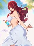  1girl blurry blurry_background breasts commentary_request eyelashes hair_over_one_eye highres kirijou_mitsuru large_breasts long_hair looking_at_viewer looking_back maromichan nail_polish palm_tree persona persona_3 red_hair red_lips red_nails smile solo tree wavy_hair wet 