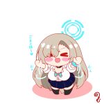  >_< 1girl :3 :d asuna_(blue_archive) black_choker black_socks blue_archive blue_bow blue_bowtie blue_halo blue_scrunchie blue_skirt blush_stickers bow bowtie breasts brown_hair chibi chibi_only choker cleavage closed_eyes commentary eyes_visible_through_hair fang full_body hair_over_one_eye halo kneehighs kurukurumagical large_breasts long_hair motion_lines no_shoes open_mouth outstretched_arms pleated_skirt scrunchie shirt short_sleeves simple_background skin_fang skirt smile socks solo standing translated very_long_hair white_background white_shirt wrist_scrunchie x3 xd 