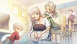  2boys 2girls breasts chair commentary_request commission conte_di_cavour_(kancolle) family from_below grey_pants hands_on_own_stomach if_they_mated indoors jewelry kantai_collection large_breasts mother_and_child mother_and_daughter mother_and_son multiple_boys multiple_girls pants parent_and_child ring shirt skeb_commission table two_side_up water wedding_ring white_shirt wss_(nicoseiga19993411) 