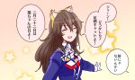  1girl animal_ear_hairband animal_ears ashigara_(kancolle) ashigara_kai_ni_(kancolle) blush brown_hair cat_day cat_ear_hairband cat_ears closed_eyes commentary_request fake_animal_ears fang gloves hairband highres jacket kantai_collection long_hair long_sleeves military_uniform multicolored_neckerchief neckerchief print_neckerchief purple_jacket shouhou-san_daisuki_teitoku skin_fang smile star_(symbol) translation_request upper_body white_gloves 